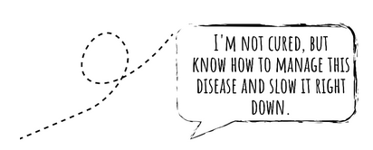 Black and white text bubble which states "I'm not cured, but know how to manage this disease and slow it right down"