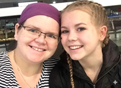 Portrait of Sherrii and her daughter smiling at the camera