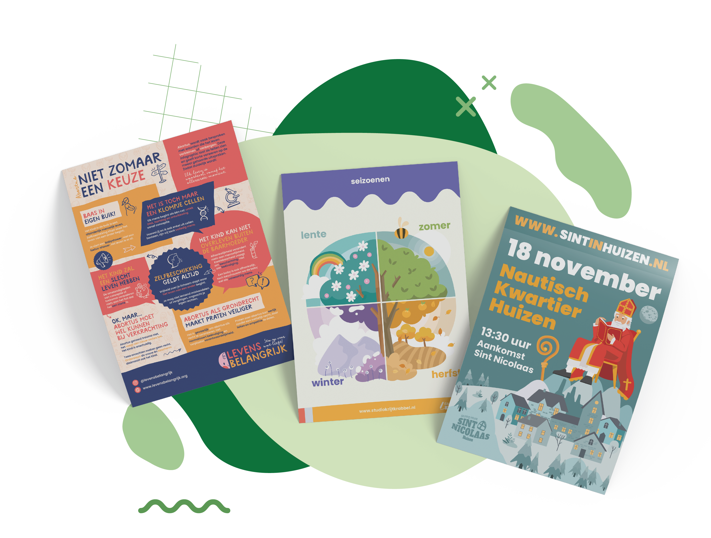 Een illustratie van mij met de tekst: Ik maak graag illustraties, infographics, drukwerk en meer.