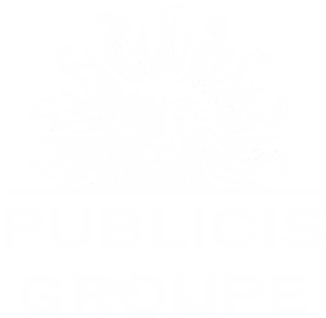 Publicis Groupe logo in white, moving right to left in an infinite marquee