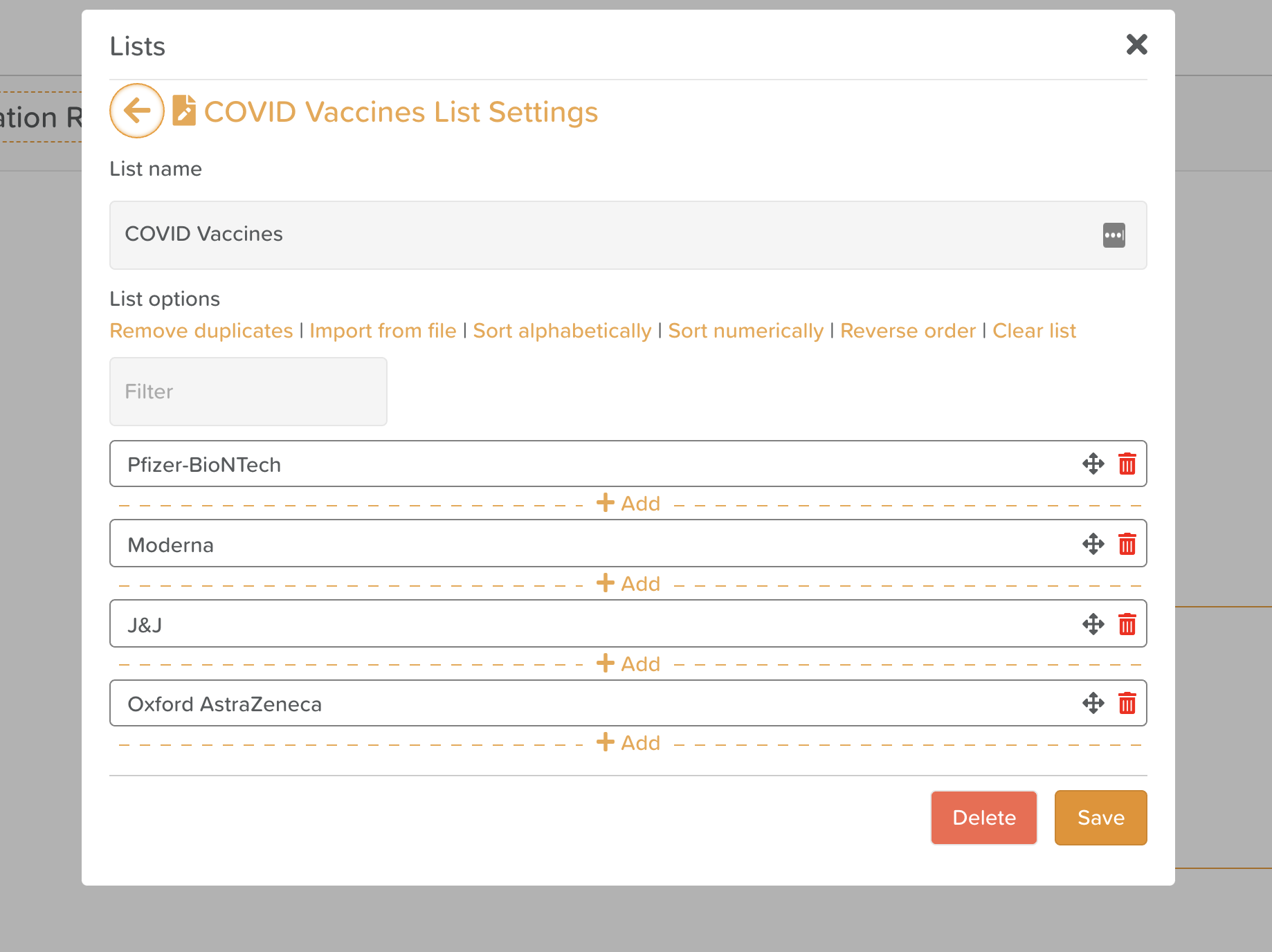 Inside list settings