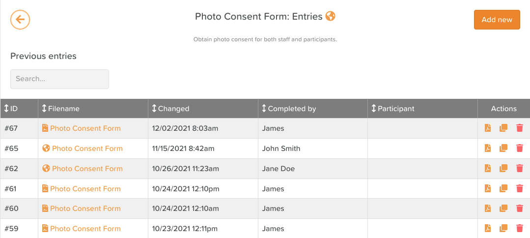 Photo Consent Form Entries