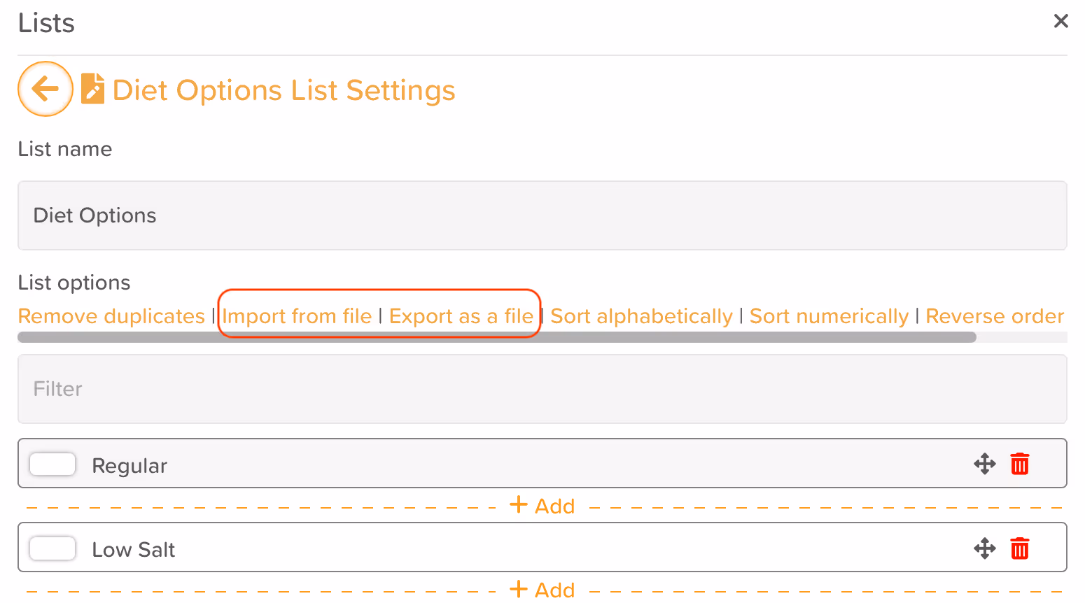 StoriiCare screenshot: Importing and Exporting lists