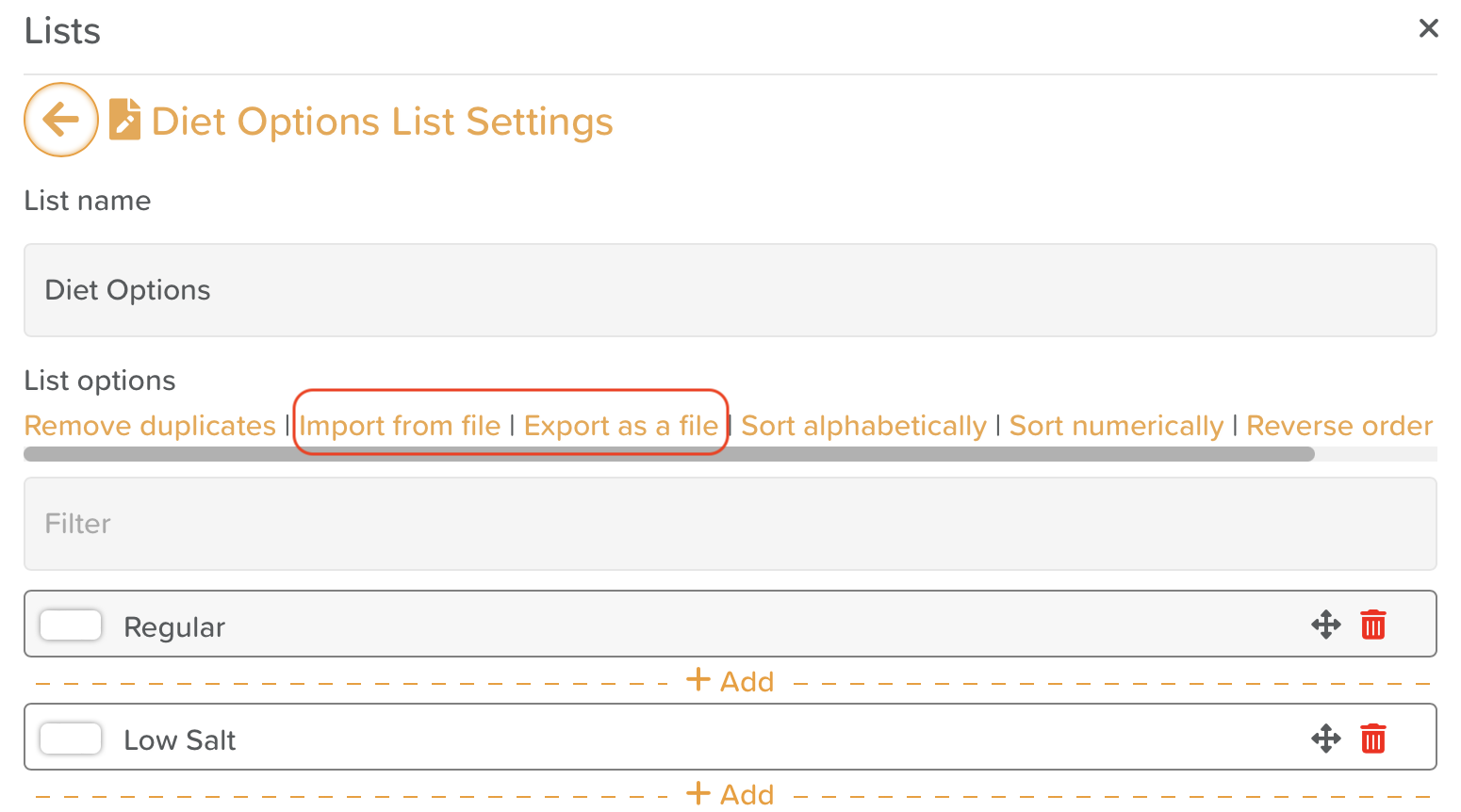 StoriiCare screenshot: Importing and Exporting lists