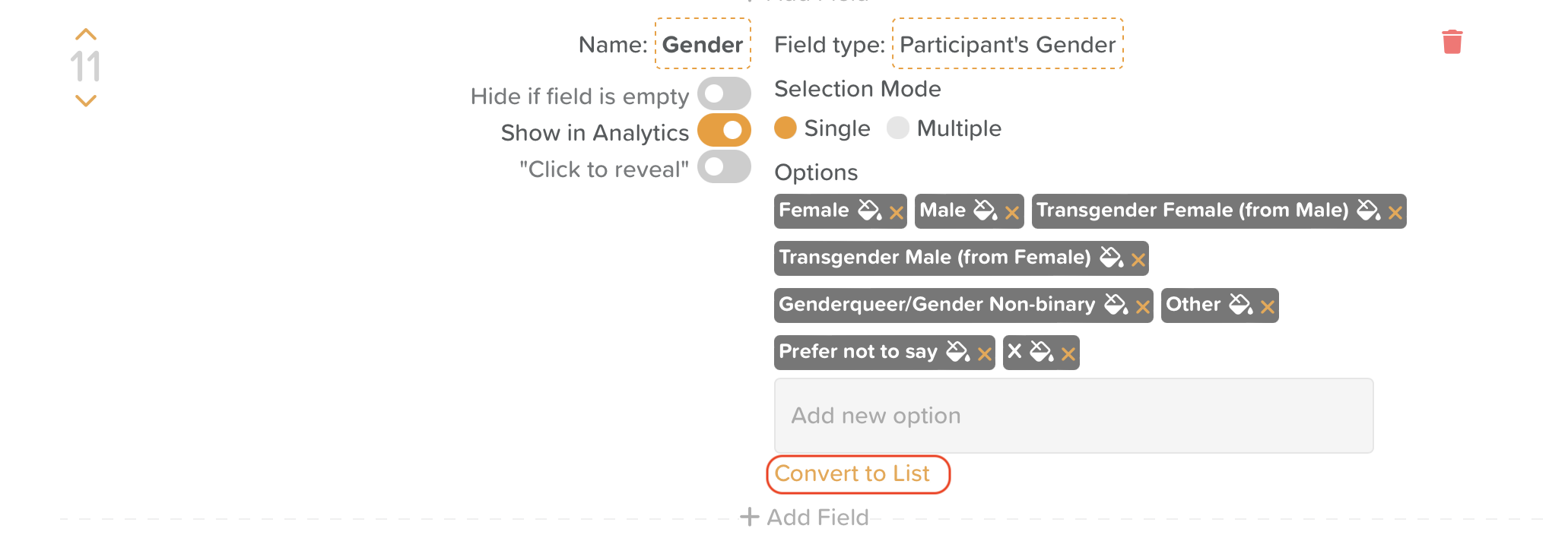 Screenshot: StoriiCare Face Sheet Settings new option - Field type: List Options