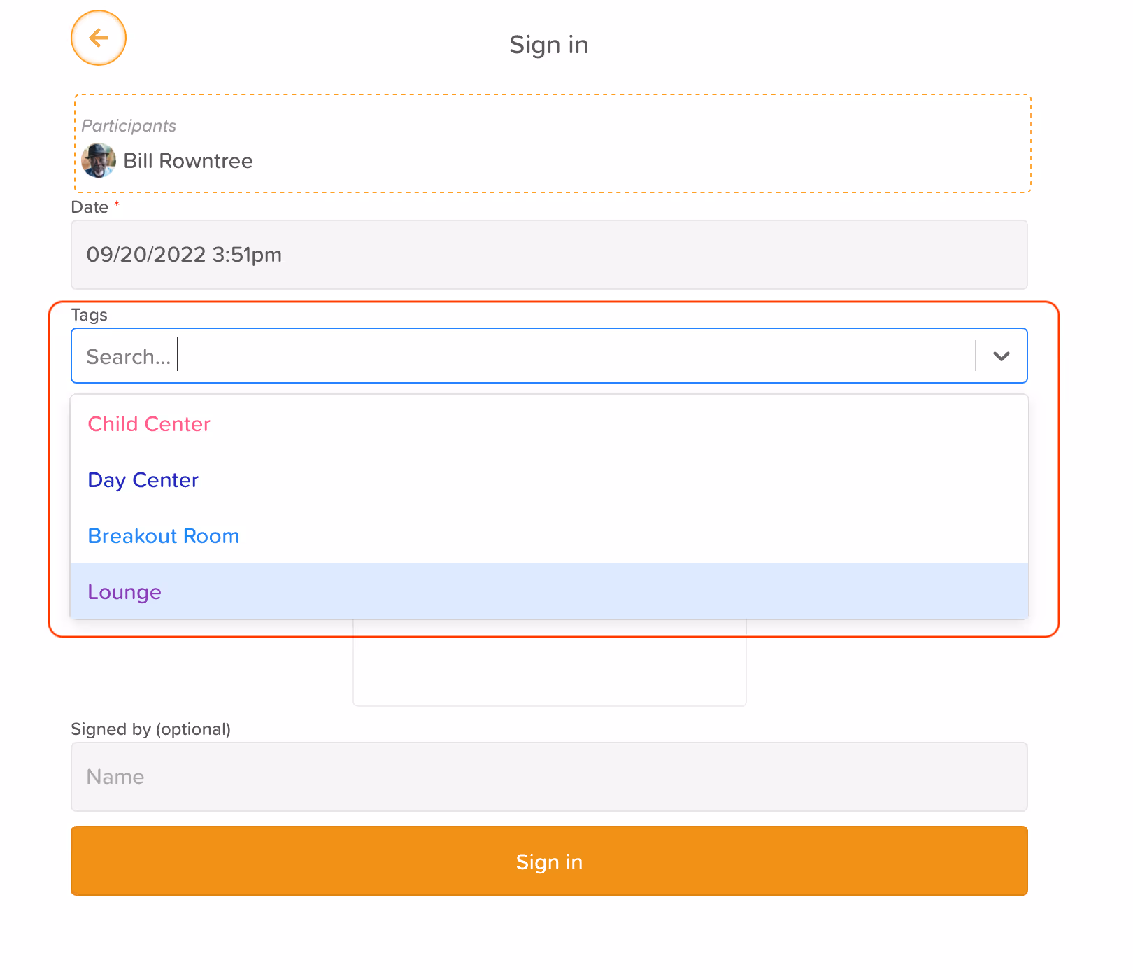 StoriiCare screenshot: Register Sign in tag selector