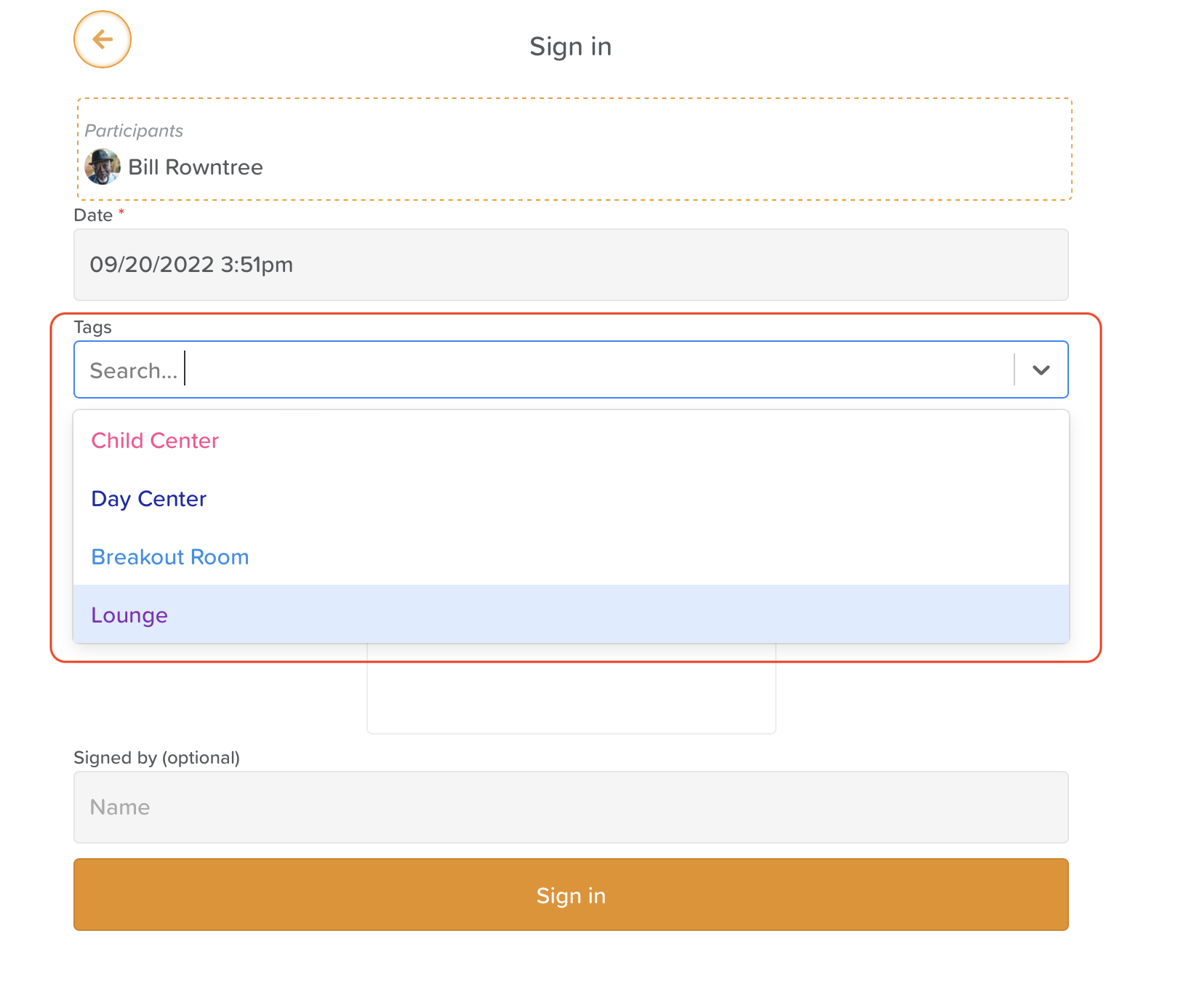 StoriiCare screenshot: Register Sign in tag selector