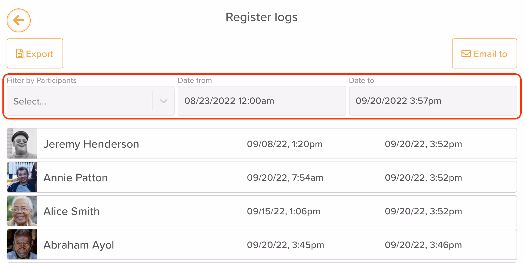 StoriiCare screenshot: Register logs filter