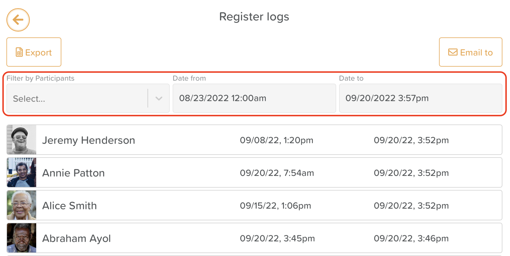 StoriiCare screenshot: Register logs filter 