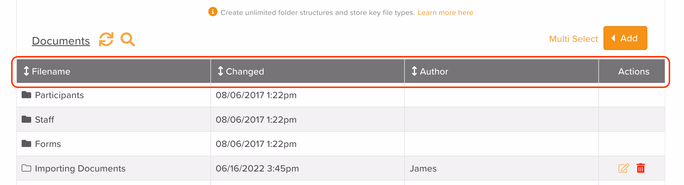 StoriiCare screenshot: Sorting across all columns within the Documents feature