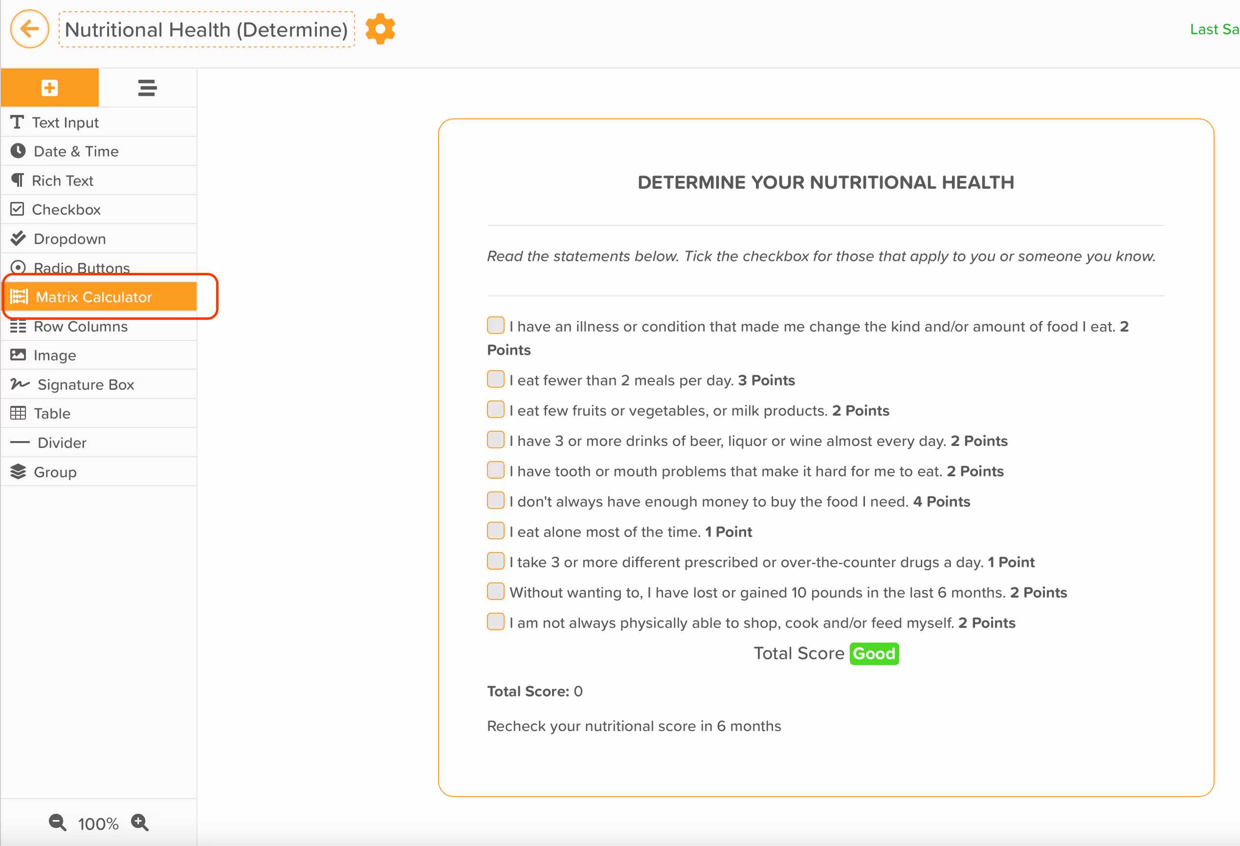 StoriiCare Screenshot: Matrix Calculator within the Form Builder feature