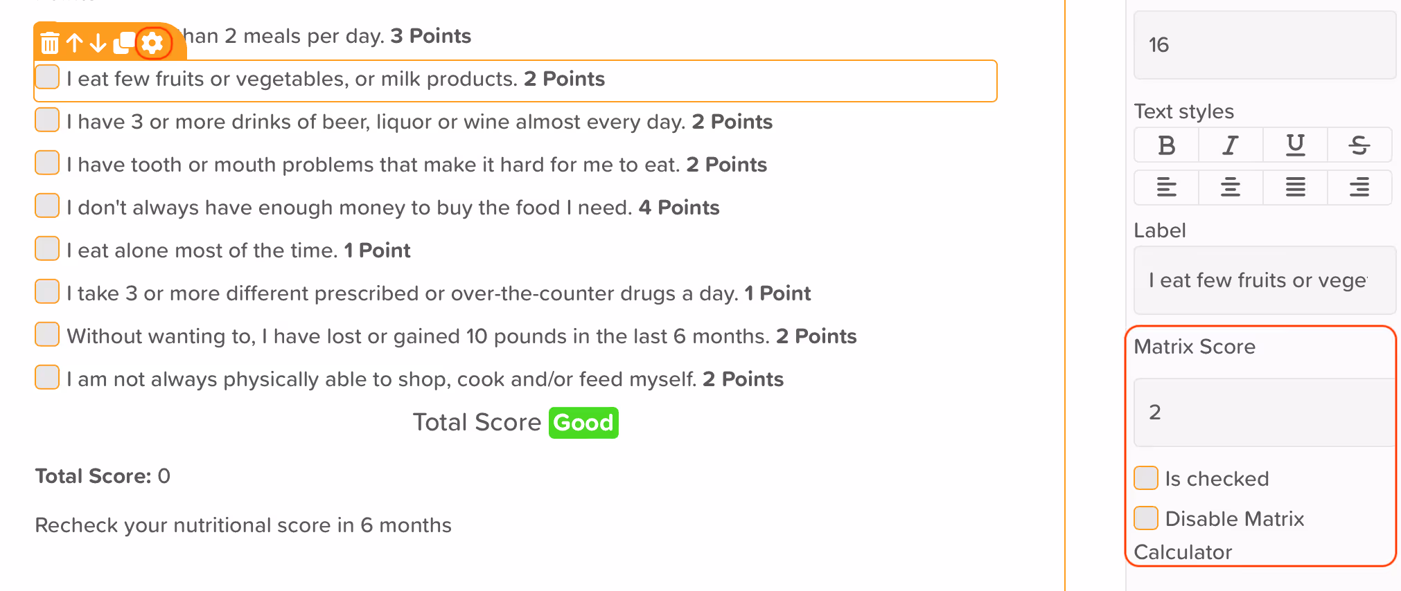 StoriiCare Screenshot: Edit Component Matrix Score Point Value