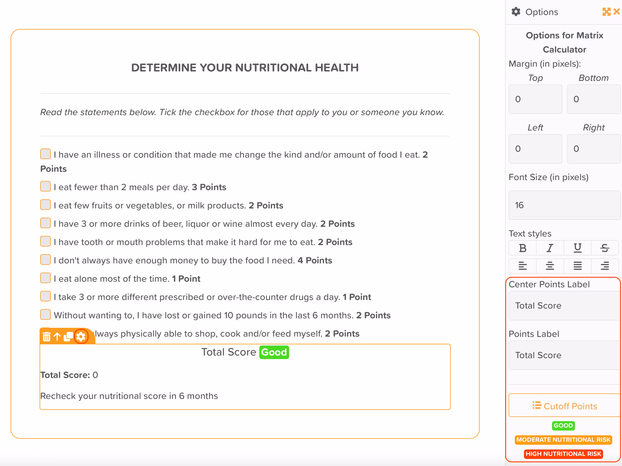 StoriiCare Screenshot: Matrix Calculator Settings