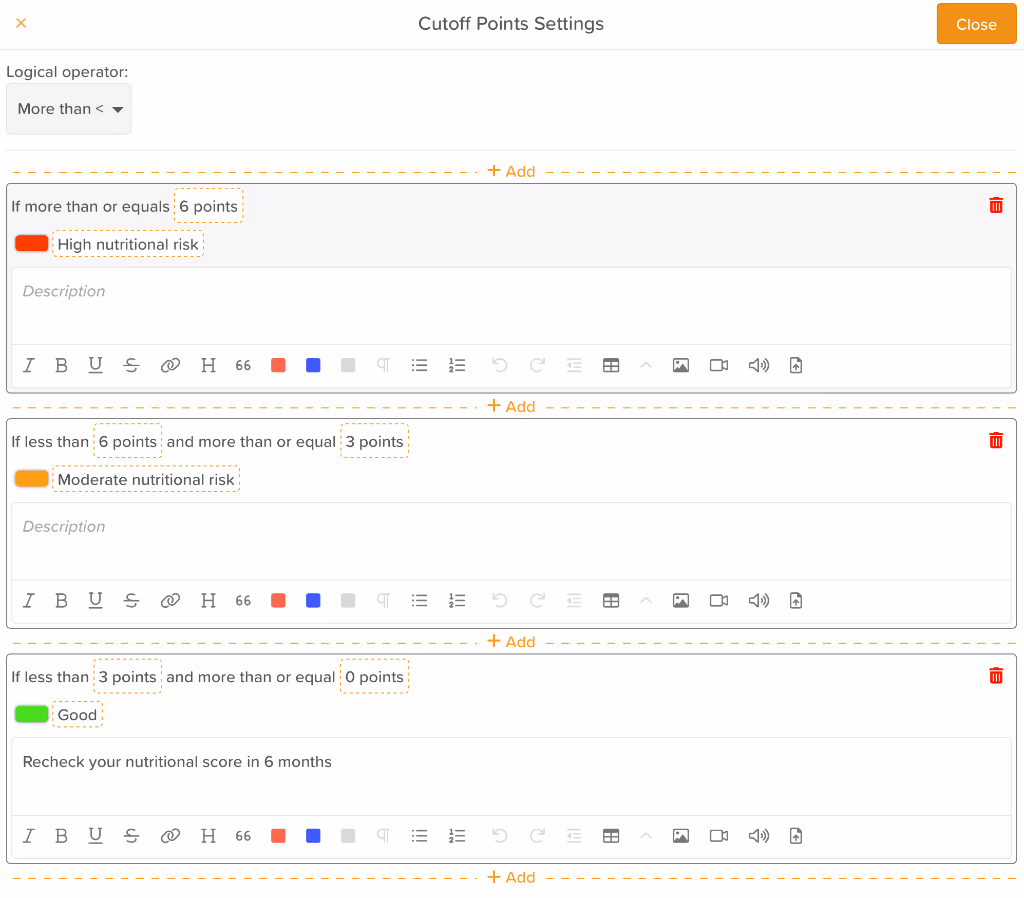 StoriiCare Screenshot: Cutoff Points Settings