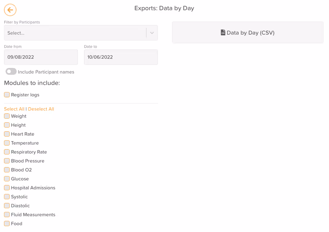 StoriiCare screenshot: Data By Day Export