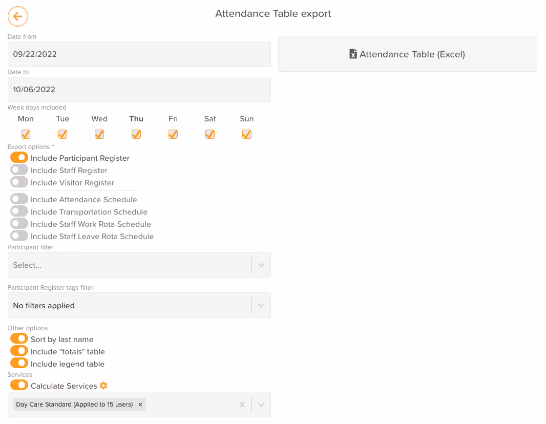 StoriiCare screenshot: Attendance Table Export