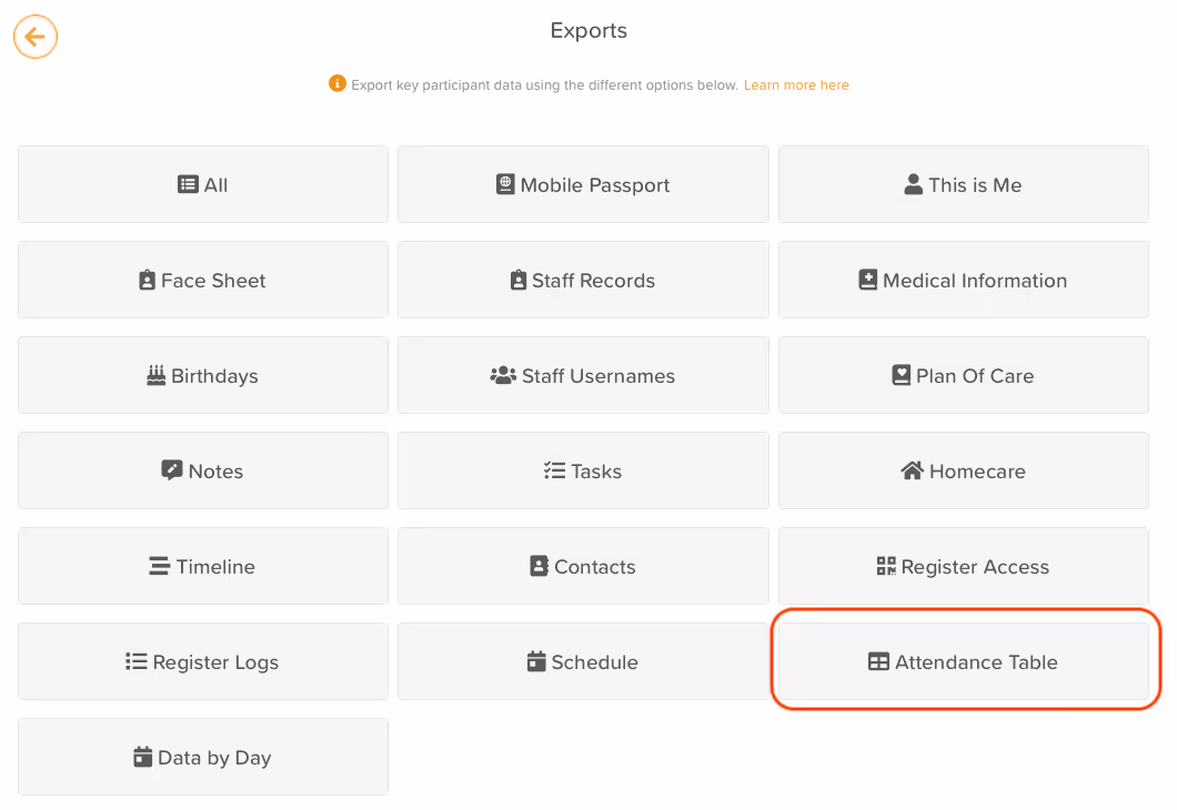 StoriiCare screenshot: Attendance Table within the Export View