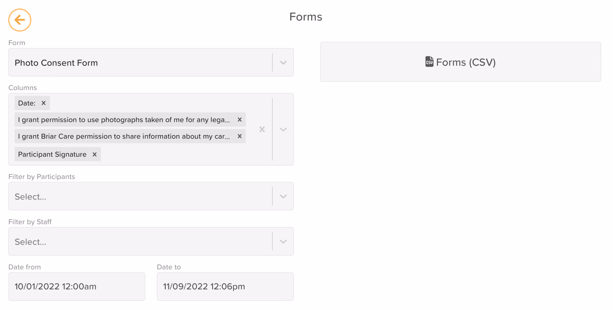 StoriiCare screenshot: Bulk Form Entries Exporting