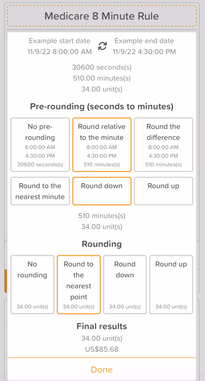 StoriiCare screenshot: Rounding Rules within a Service
