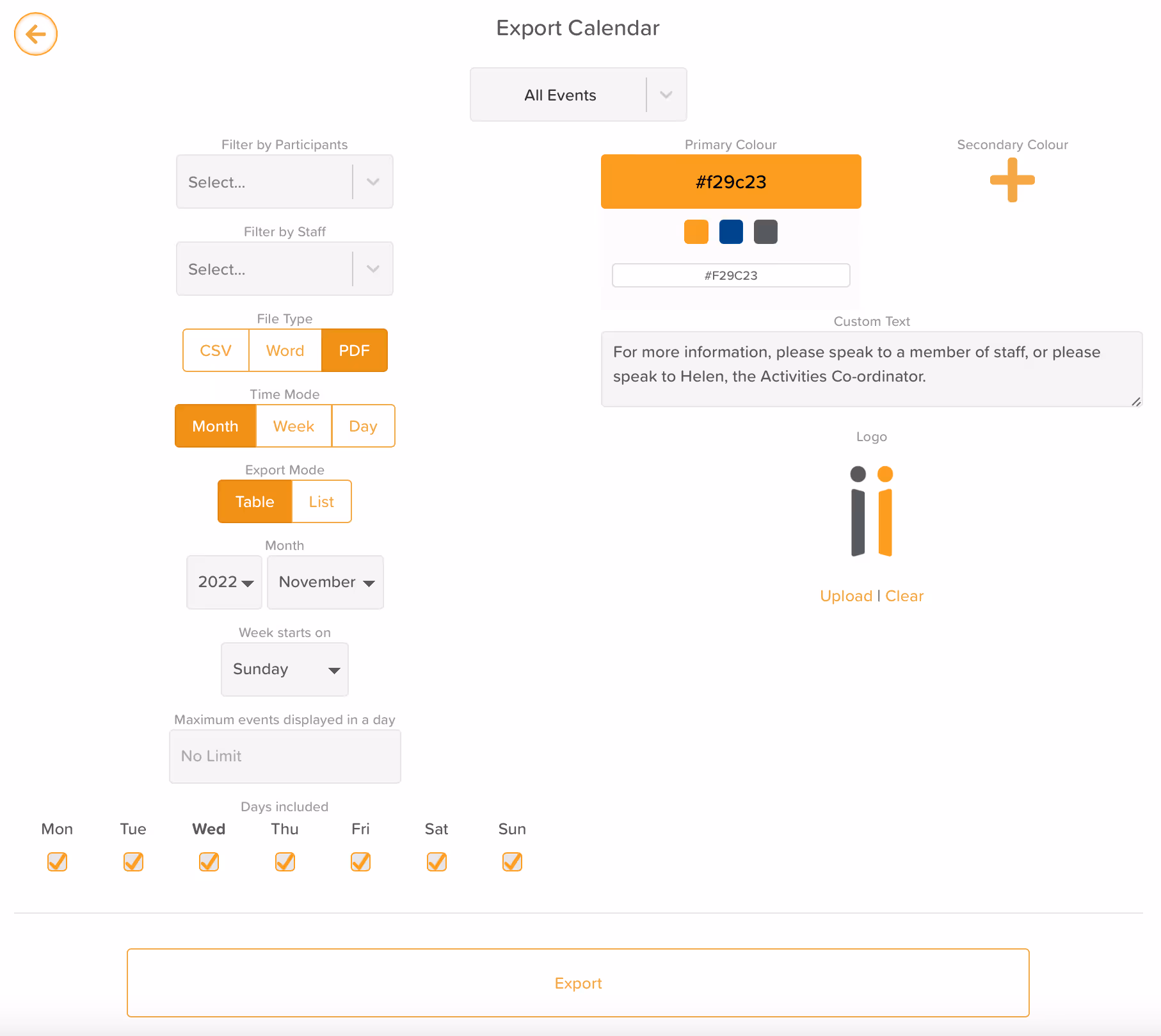 StoriiCare screenshot: New Calendar Export Options