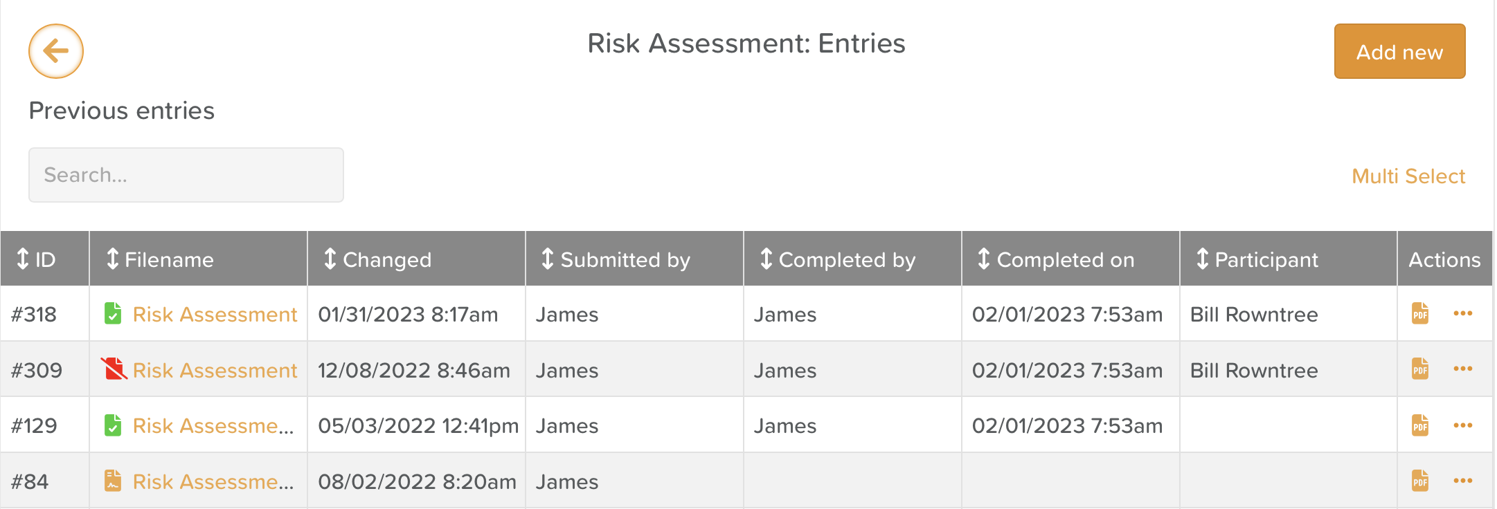 StoriiCare screenshot: Marking Form Entries as 'Completed'