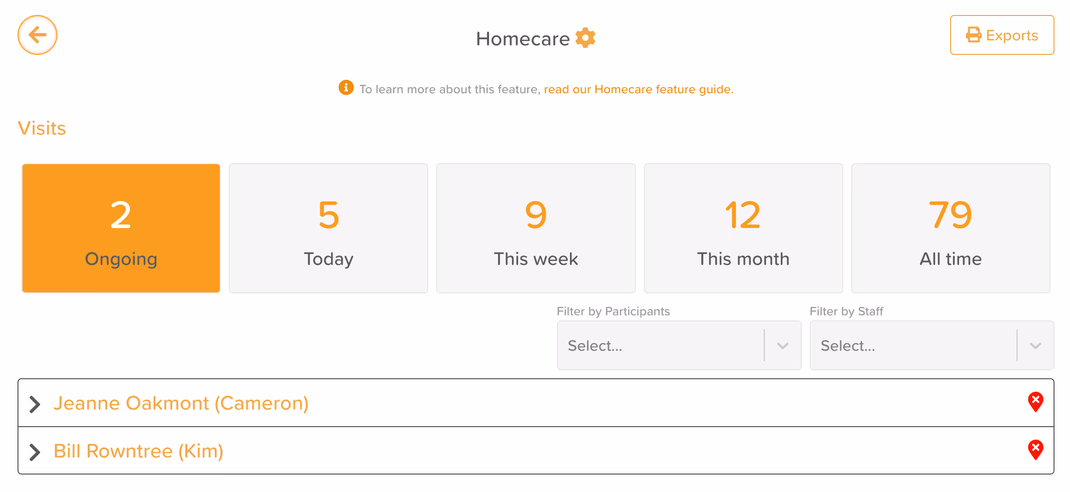 StoriiCare screenshot: Homecare Ongoing Visits View