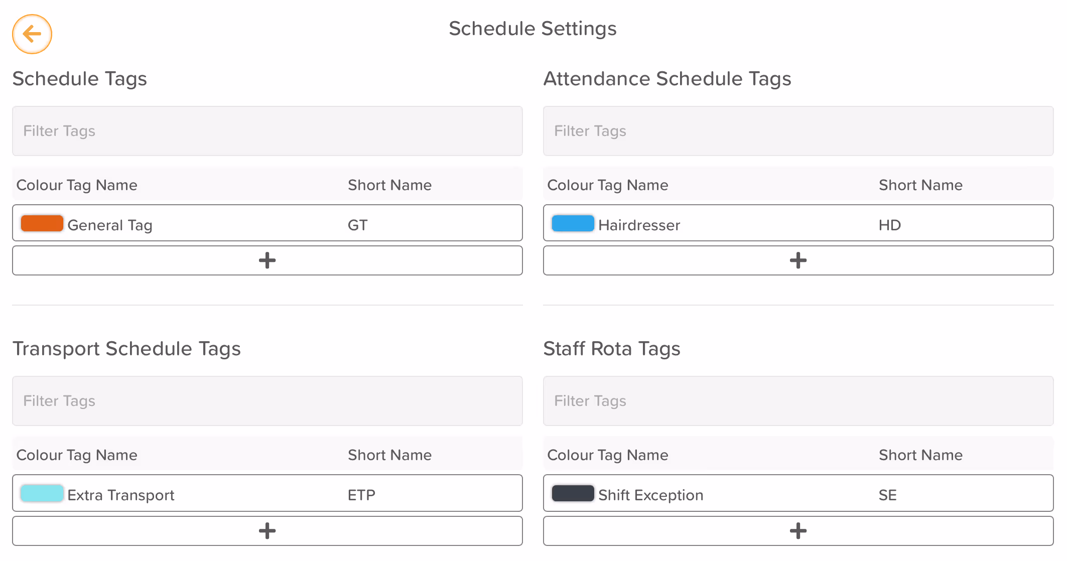 StoriiCare screenshot: Tags within the Schedule Feature