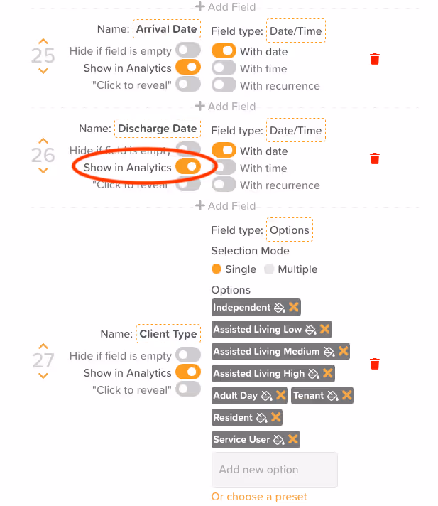 StoriiCare screenshot: Show in analytics for Care Overview Fields