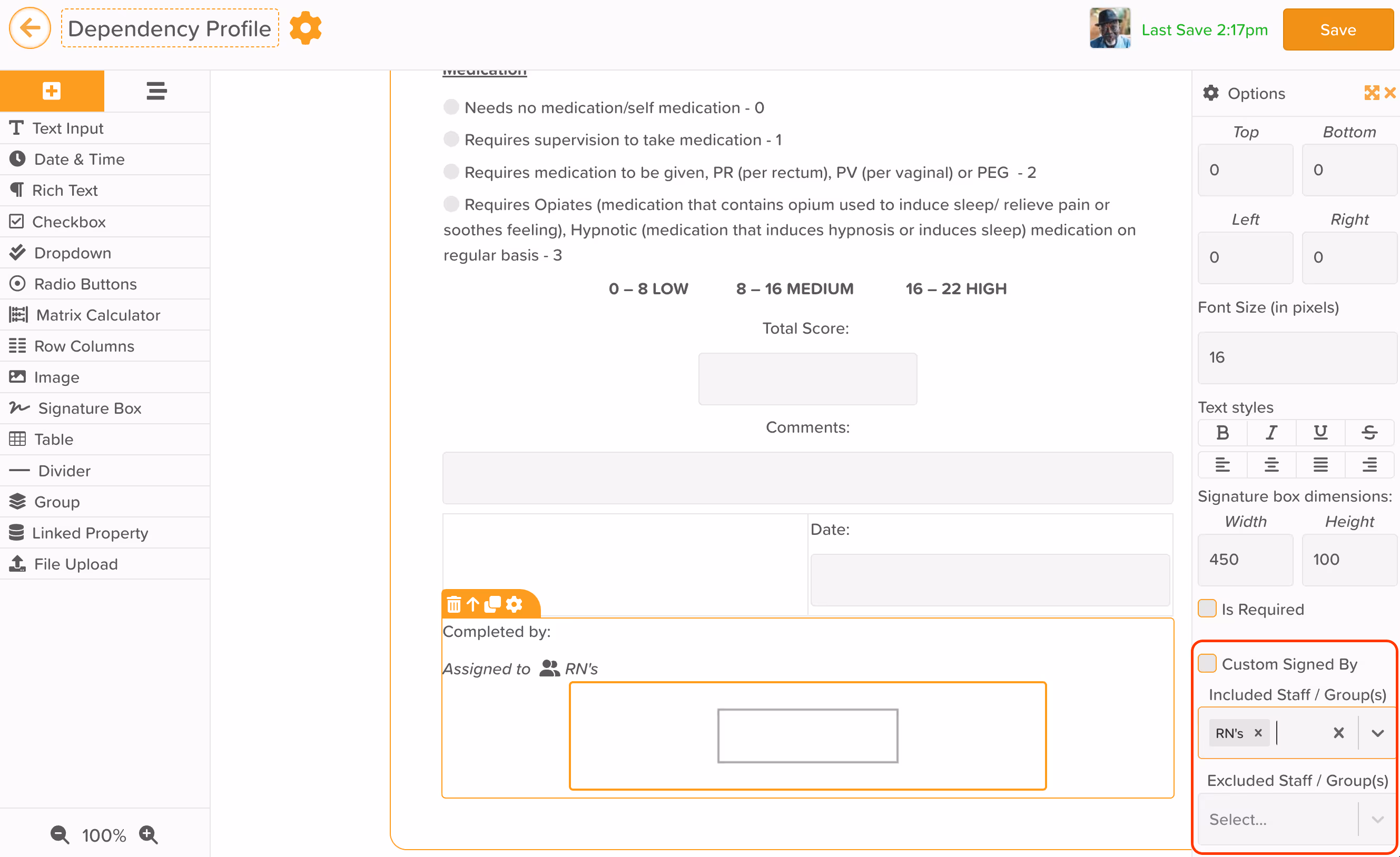 StoriiCare screenshot: Assigned Signatures within the Form Builder Feature