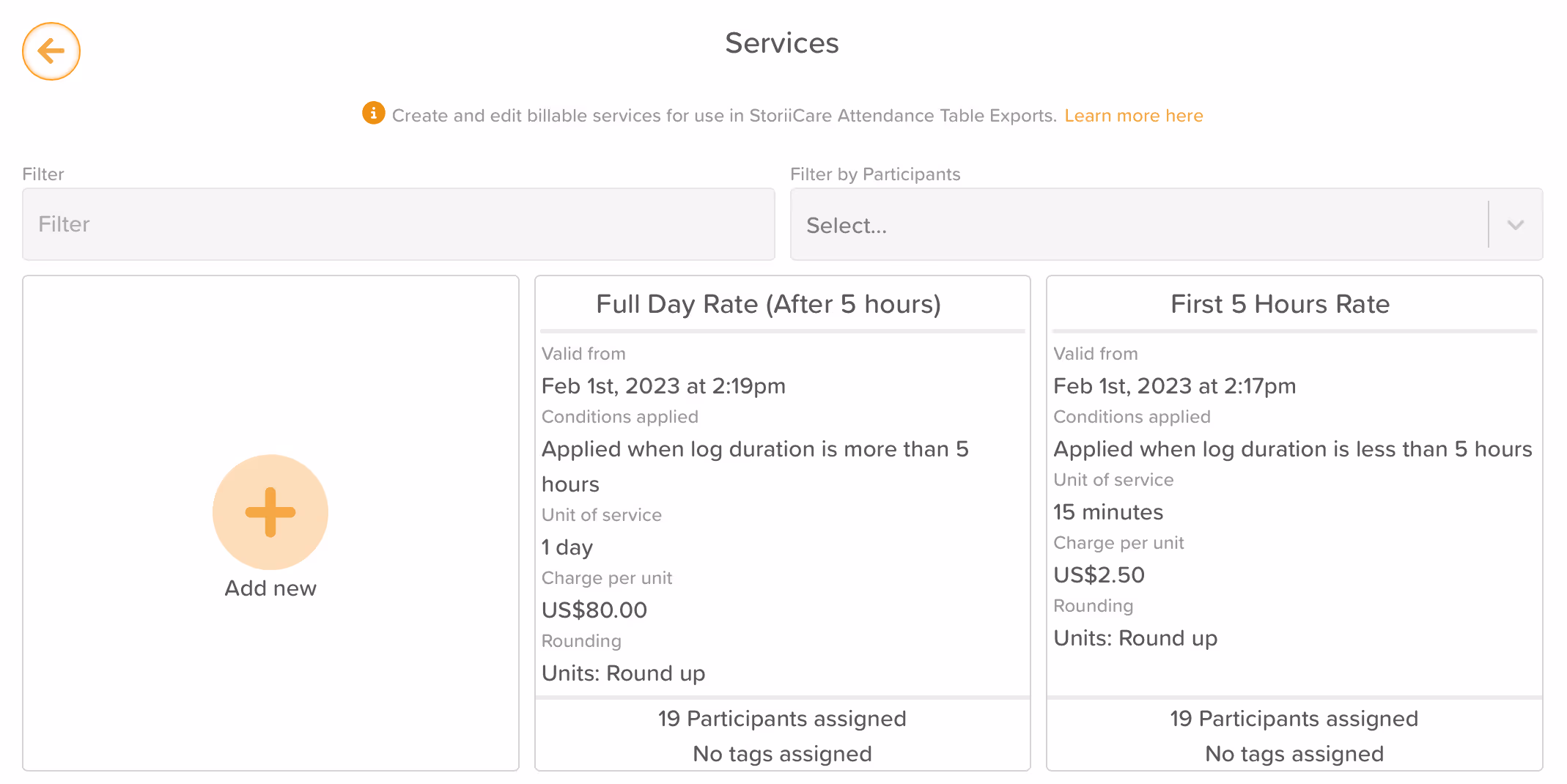 StoriiCare screenshot: Example Service Rates