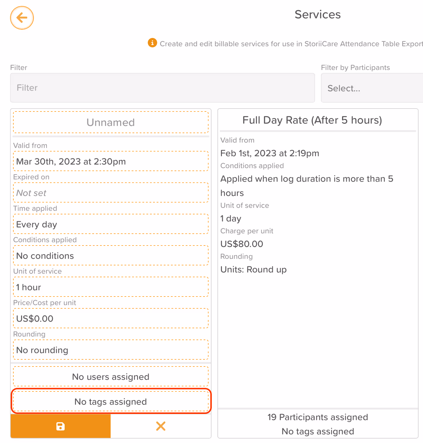 StoriiCare screenshot: Tags within the Services Feature