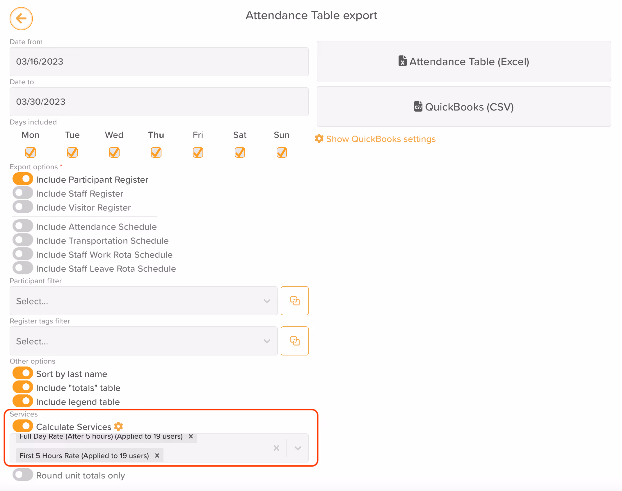StoriiCare screenshot: Attendance Table Export