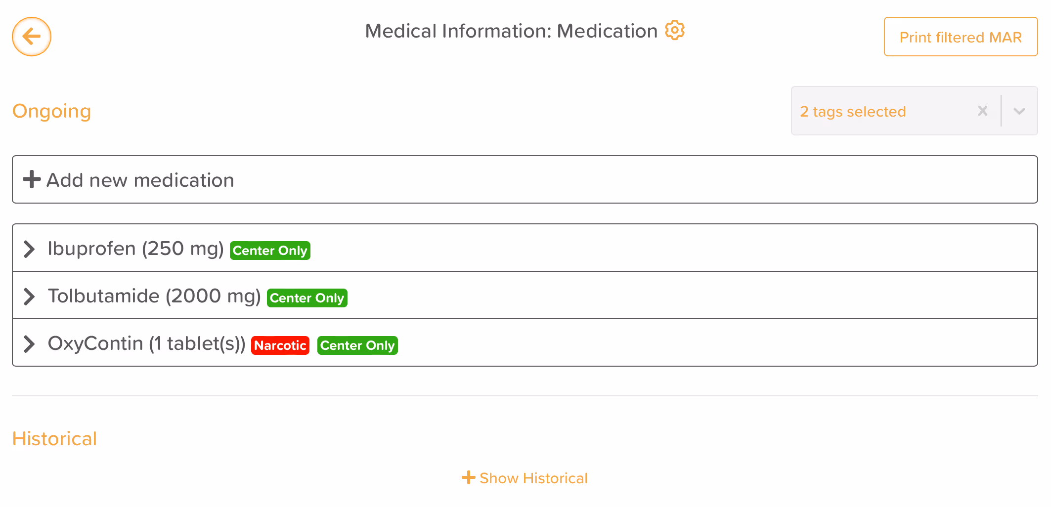 StoriiCare screenshot: Medication Filters
