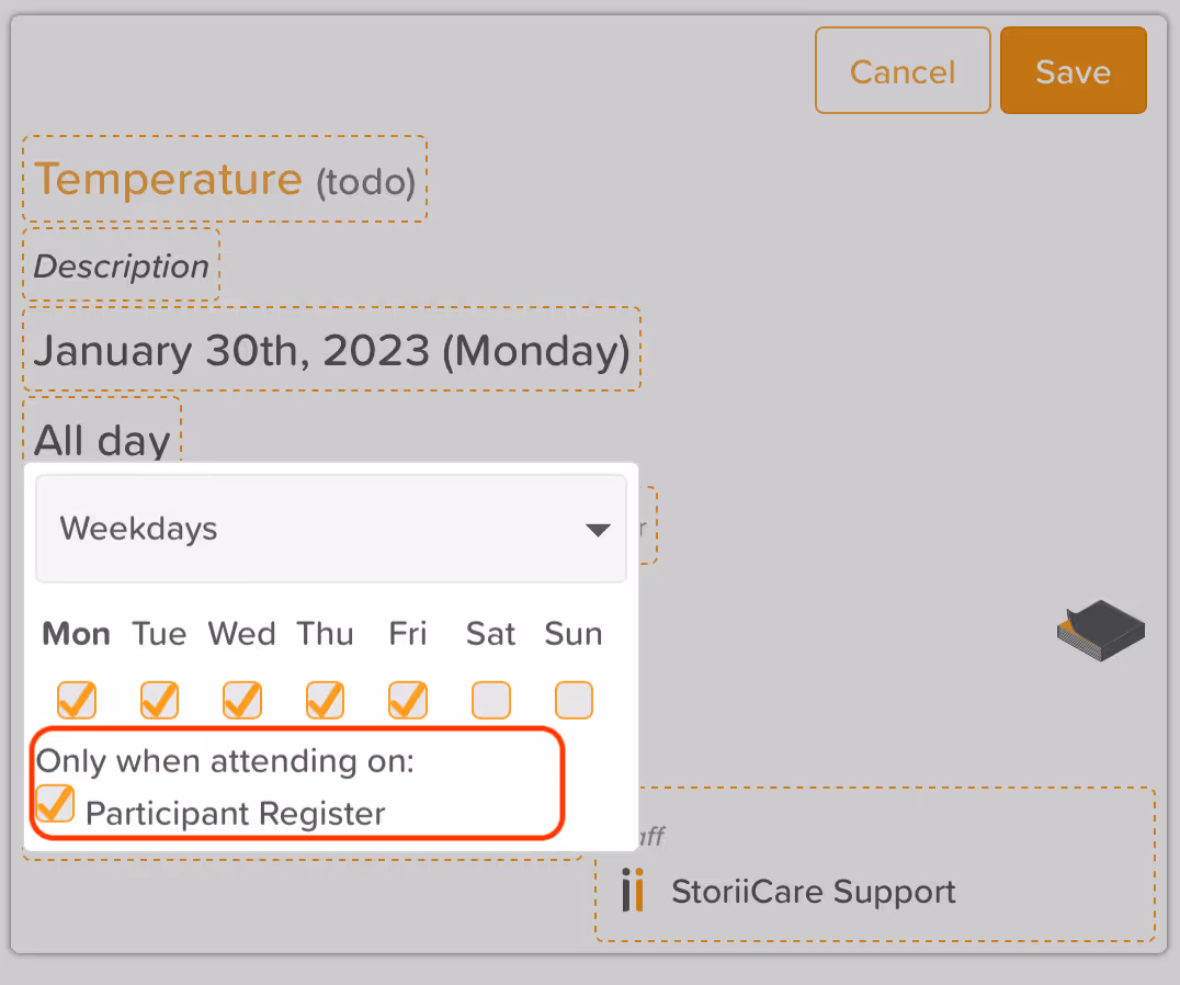 StoriiCare screenshot: Only show task when in attendance on Register