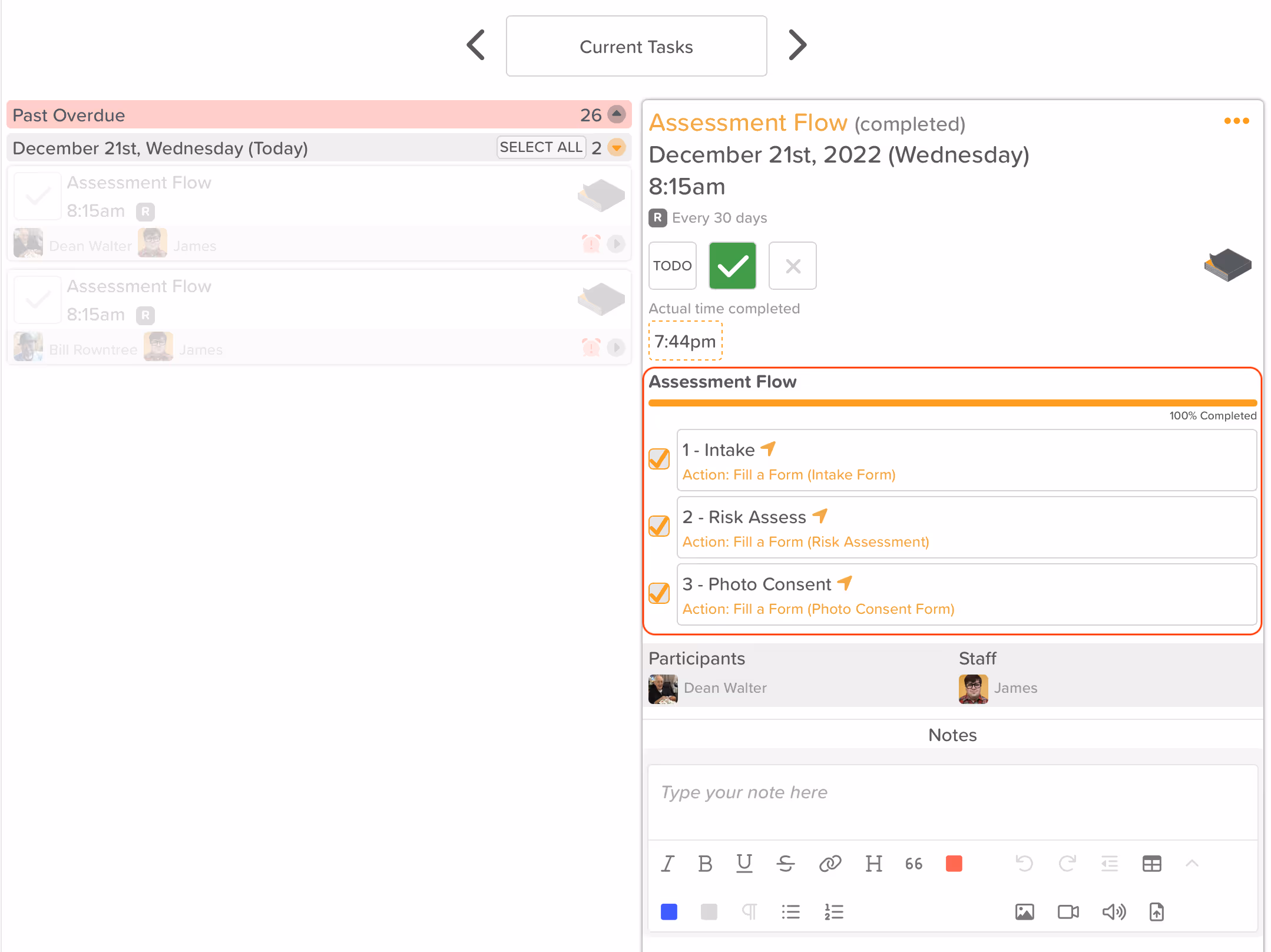 StoriiCare screenshot: Auto Task Completion on Subtask Completion