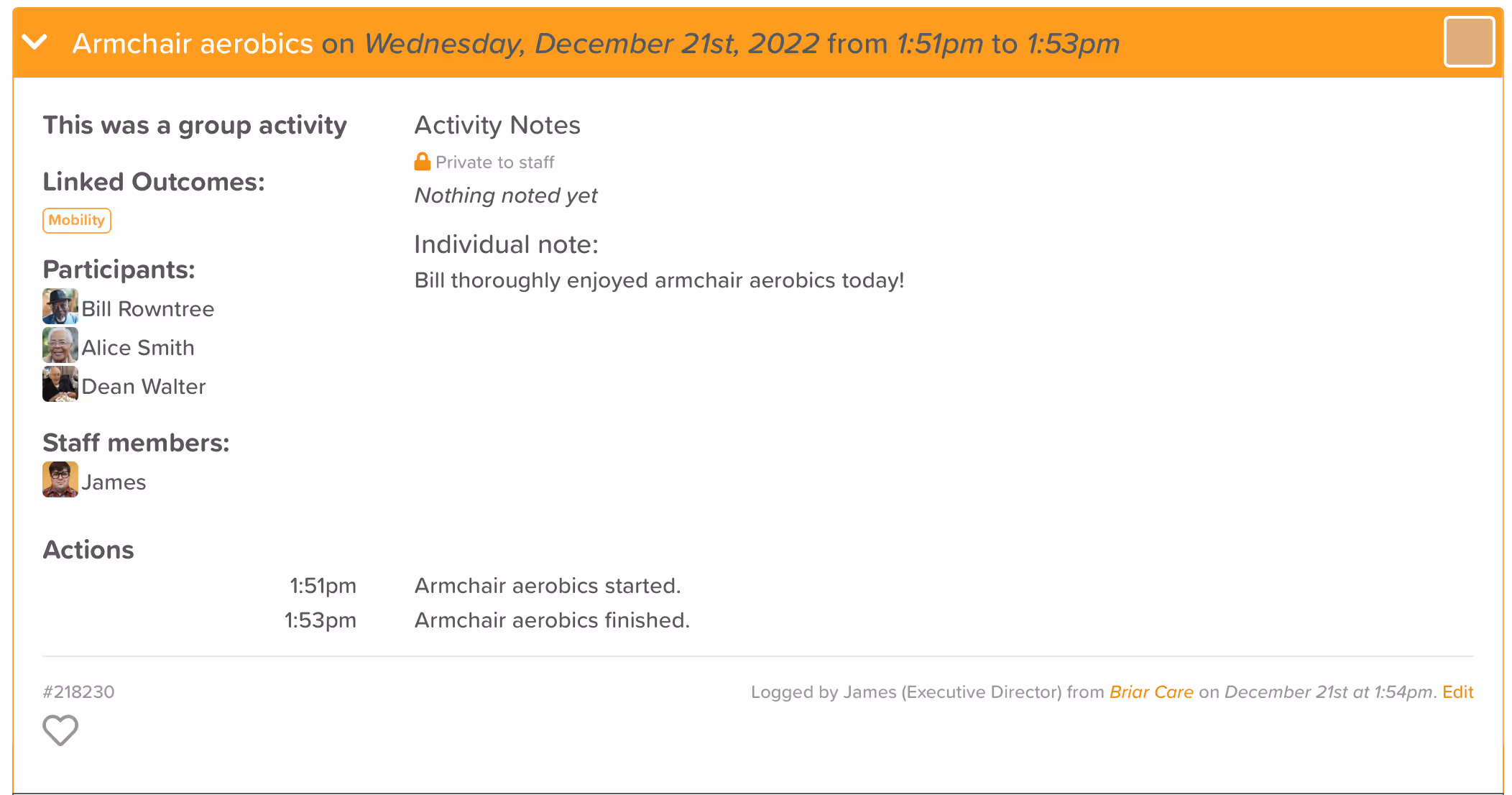 StoriiCare screenshot: Example Outcomes showing within an activity record