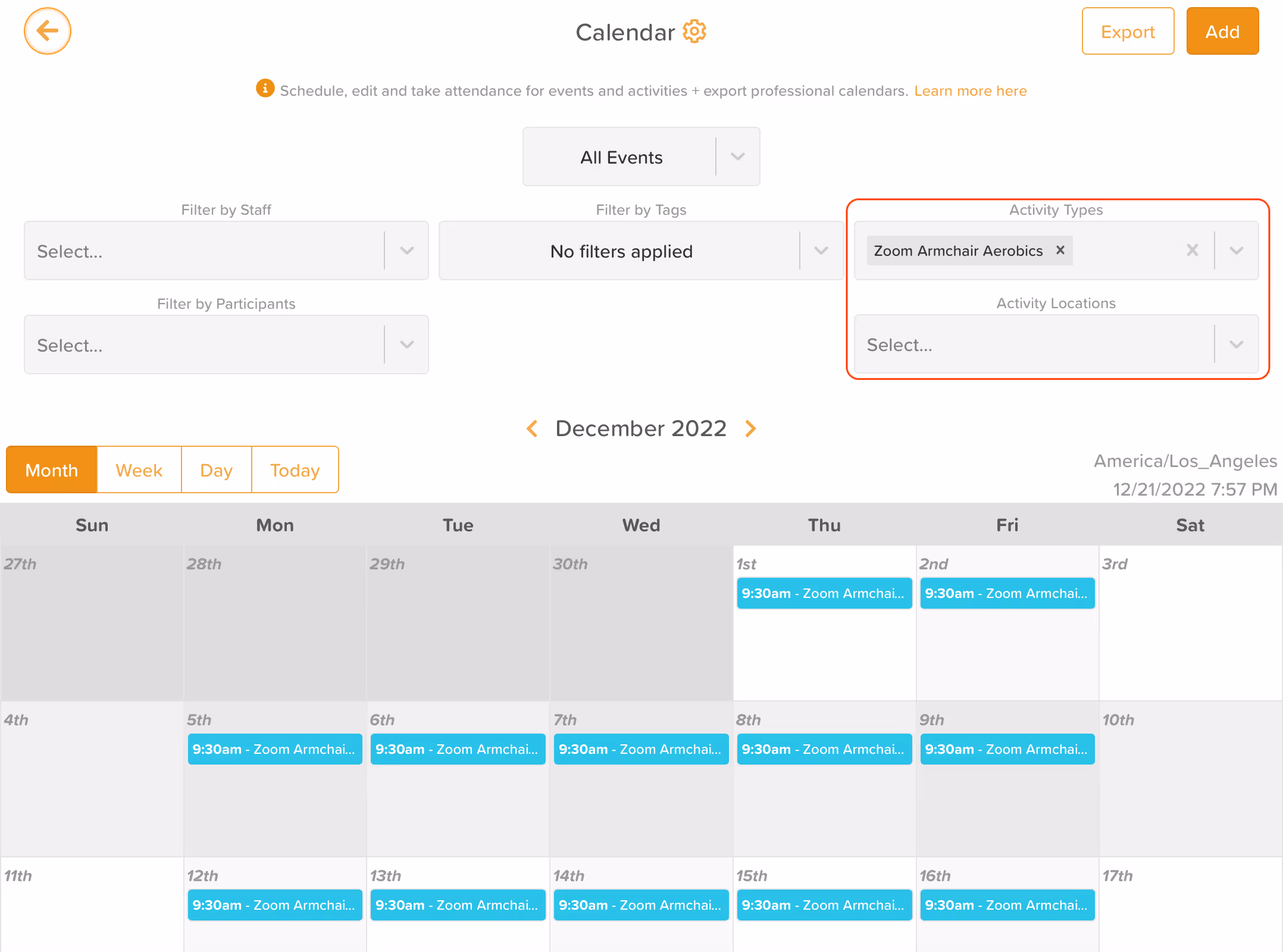 StoriiCare screenshot: Calendar Activity Filters