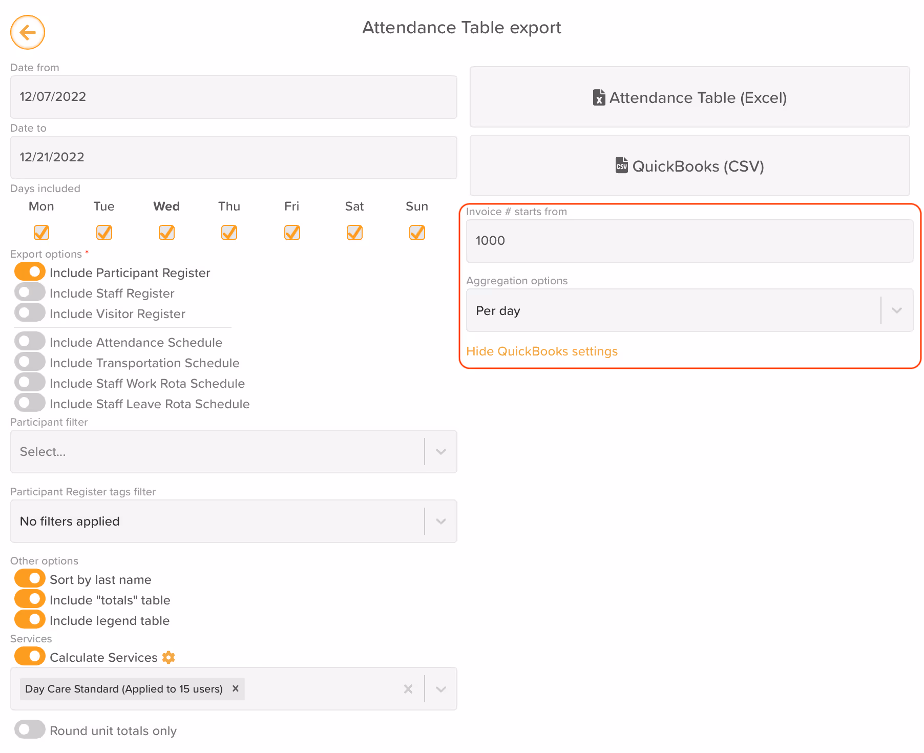StoriiCare screenshot: Quickbooks Export Settings