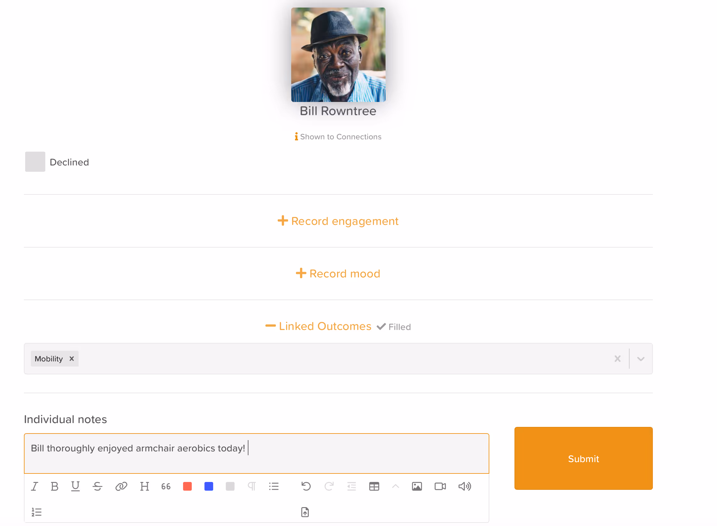 StoriiCare screenshot: Linking an Outcome to an activity when taking attendance
