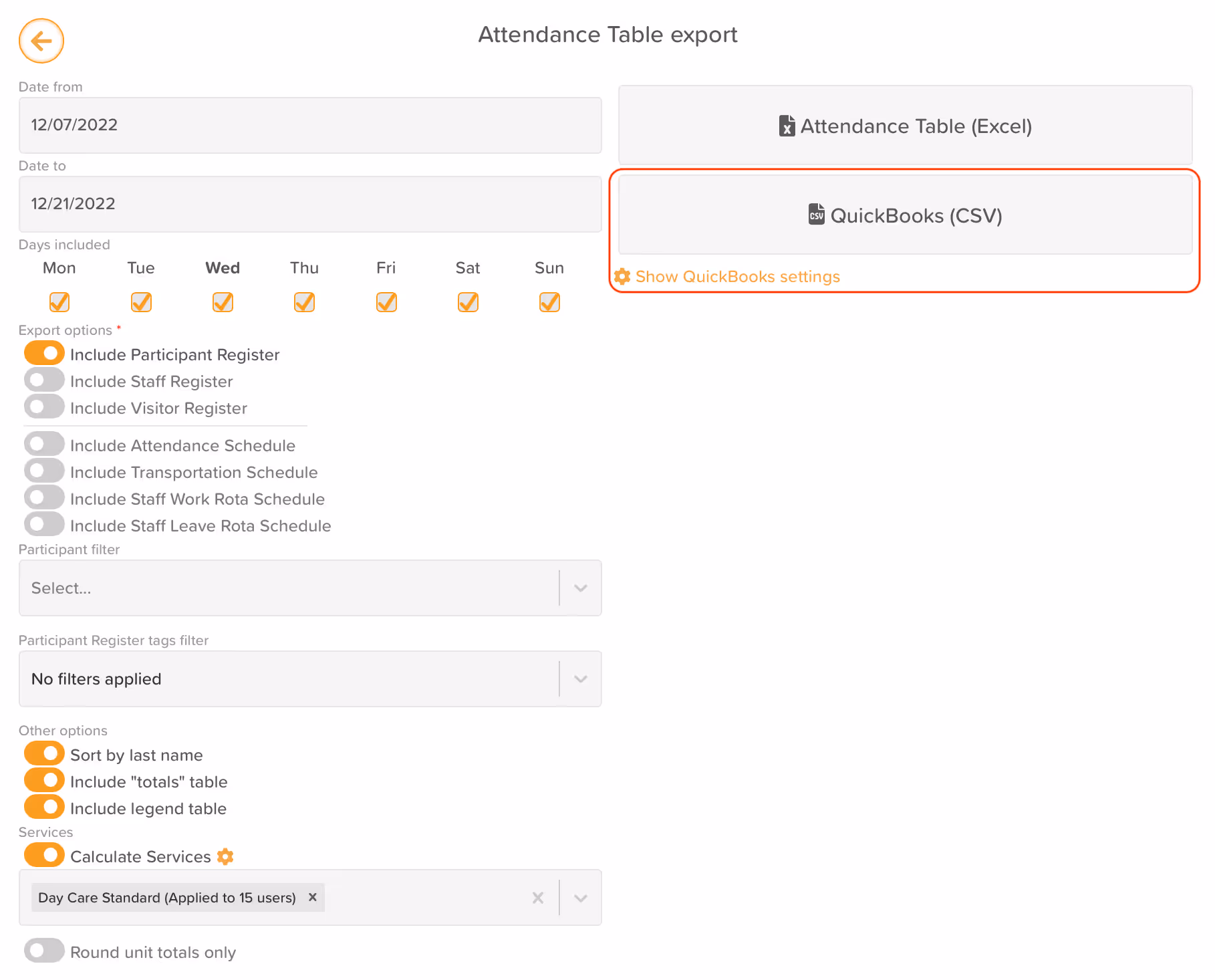 StoriiCare screenshot: Quickbooks Export