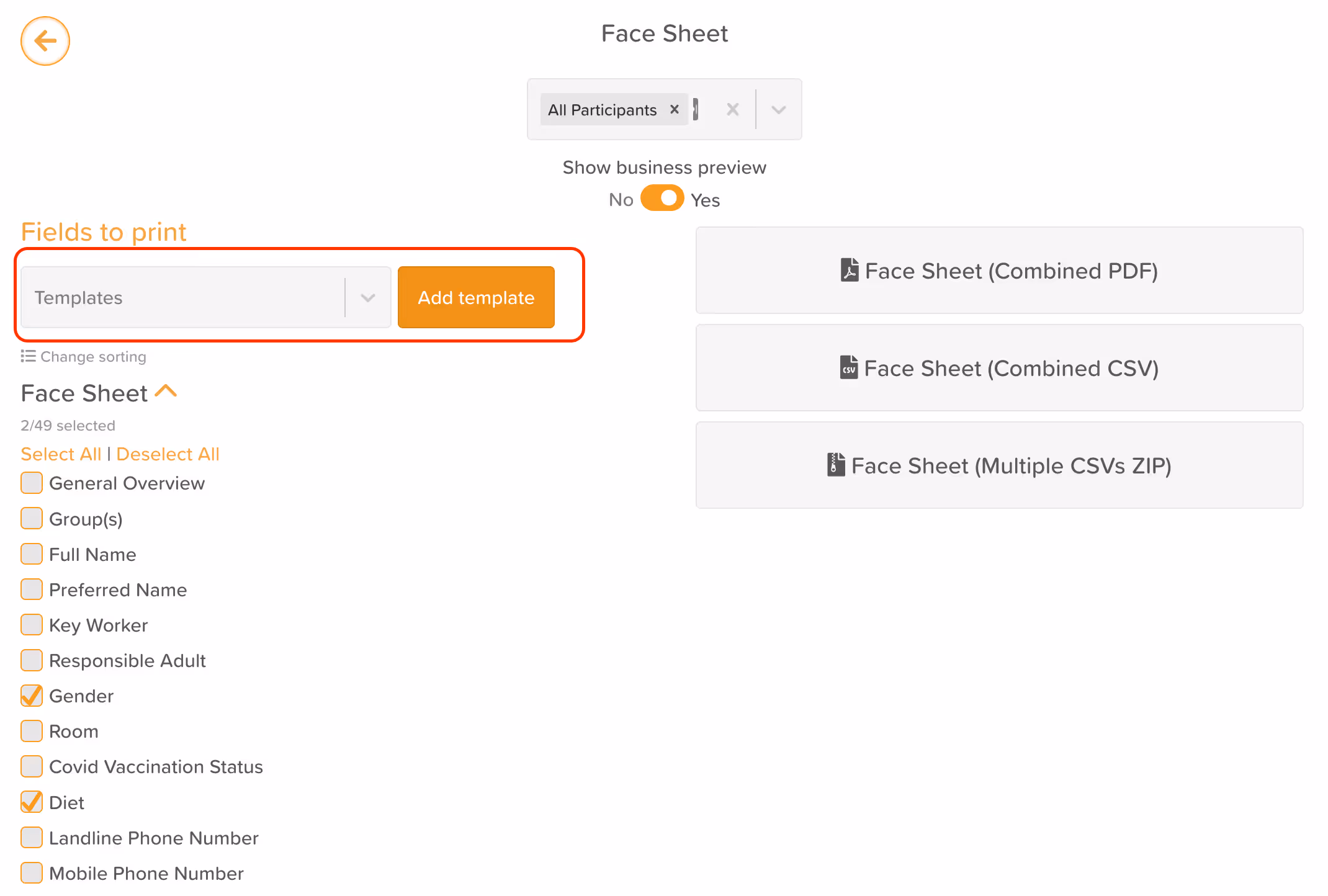 Face Sheet Template Export