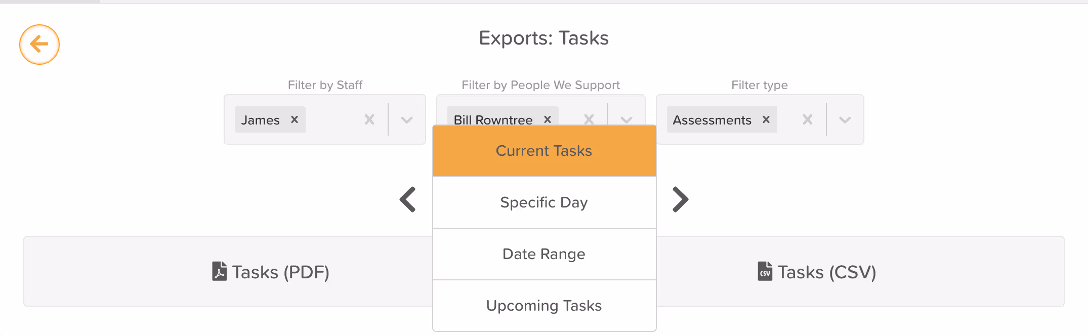 Tasks Export Selection