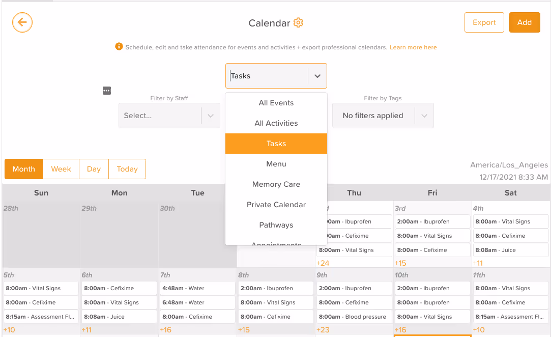 Calendar tasks filter