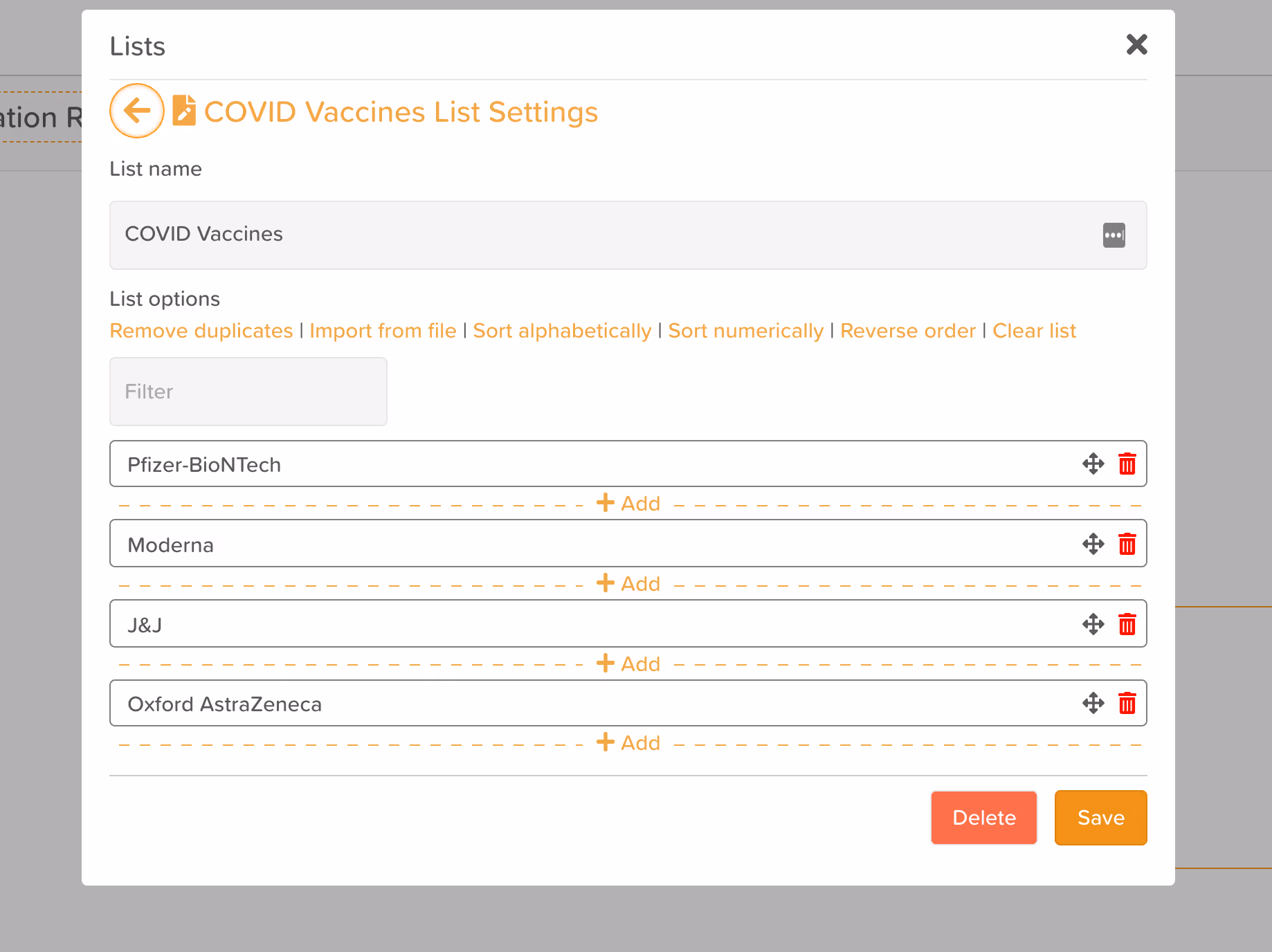 Inside list settings