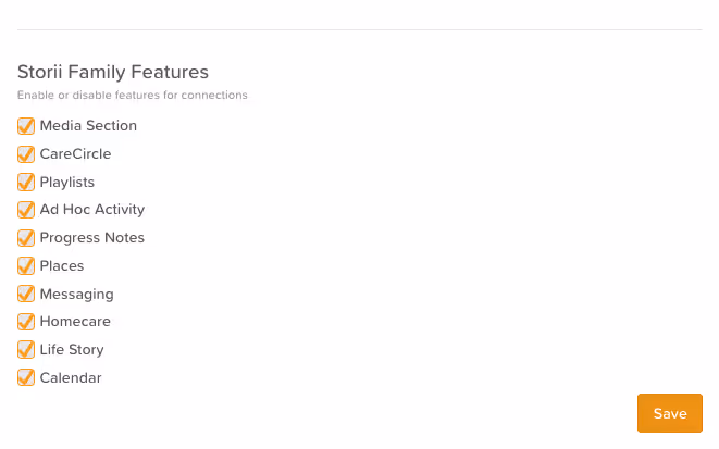Storii Family Features in StoriiCare Feature Settings