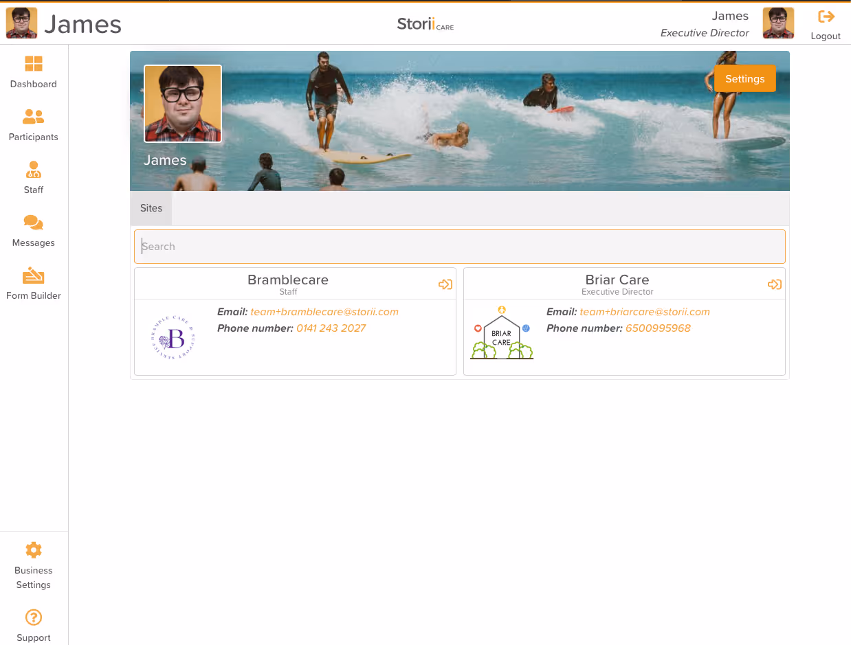 From your Profile, access Settings to change Profile pictures, or click a Business to log in.