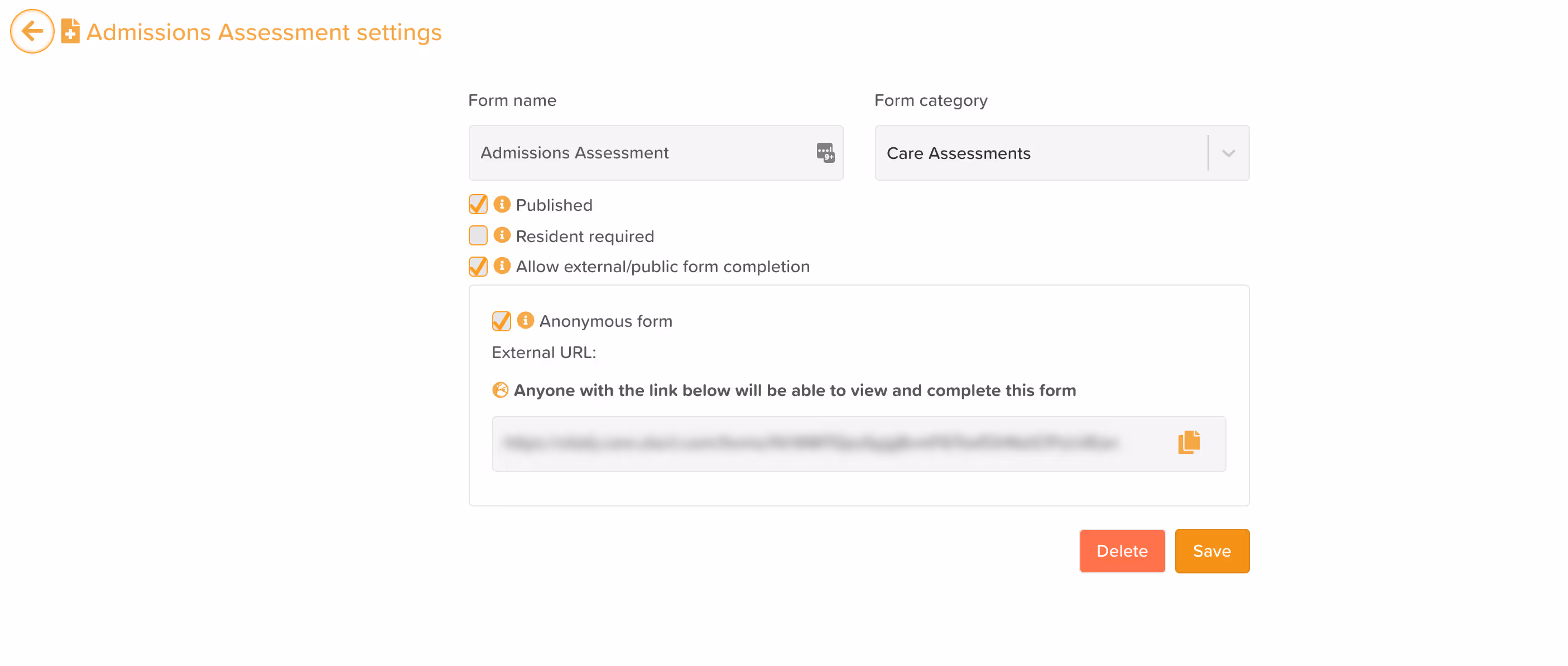Generate the external form link within form template settings