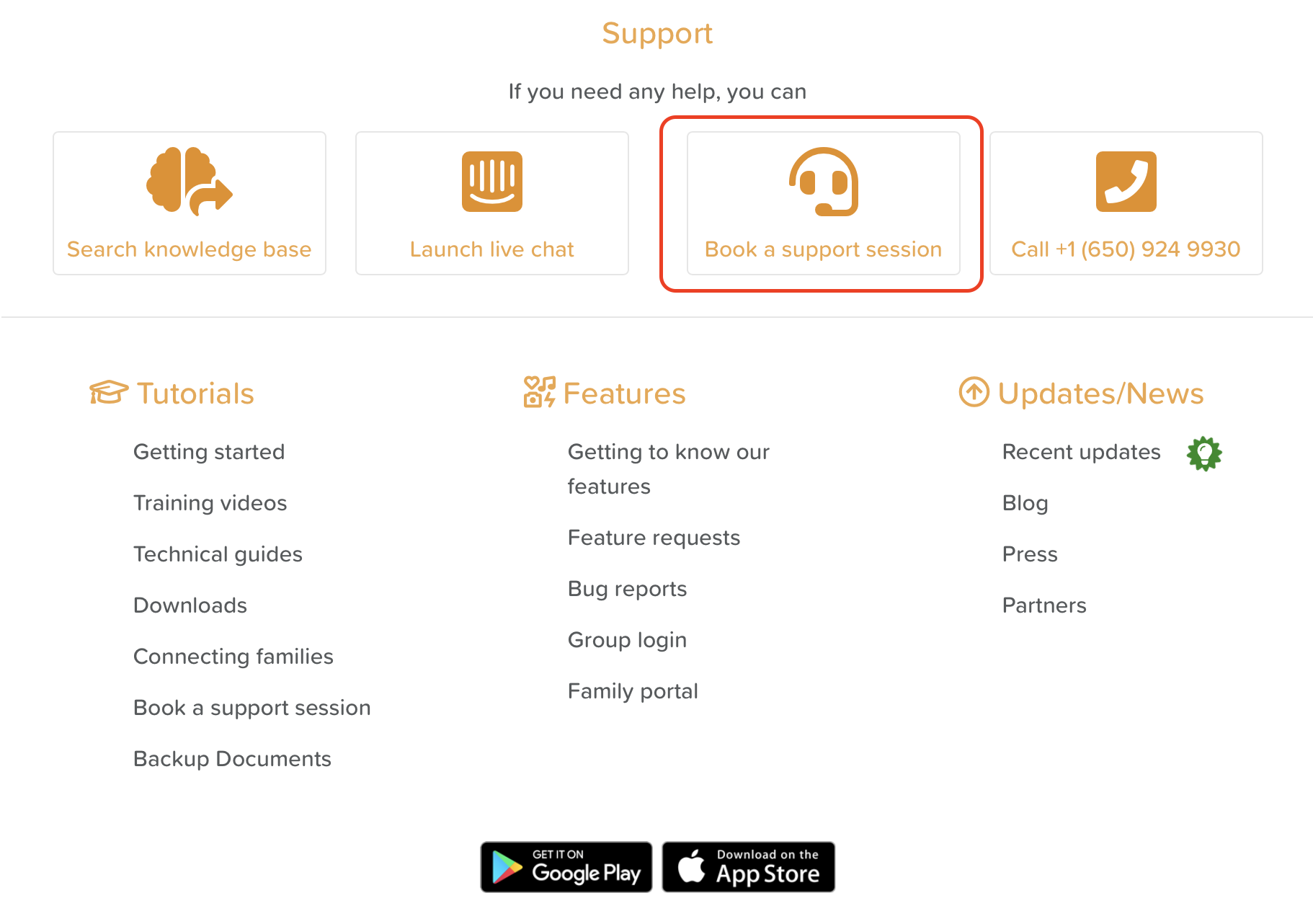 Support Page showing new 'Book a support session' option