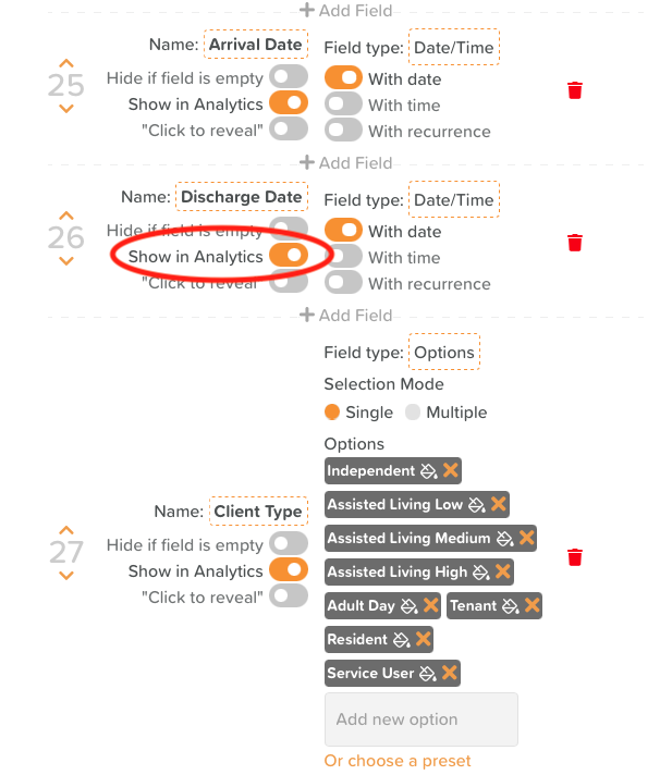 StoriiCare screenshot: Show in analytics for Care Overview Fields