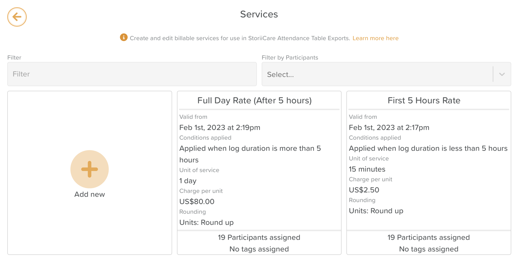 StoriiCare screenshot: Example Service Rates